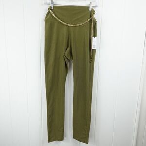 WEWOREWHAT Womens Green Ribbed Chain Belt High-Rise High Rise Leggings Medium